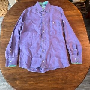 Bugatchi Uomo Shirt Shaped Fit Linen Mens M Purple Button Up Long Sleeve w Teal